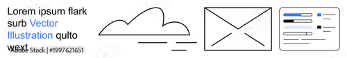 Cloud storage, data sharing, email communication, user interface, information design, web development. Outline drawing of a cloud, envelope and interface. Cloud storage and email communication