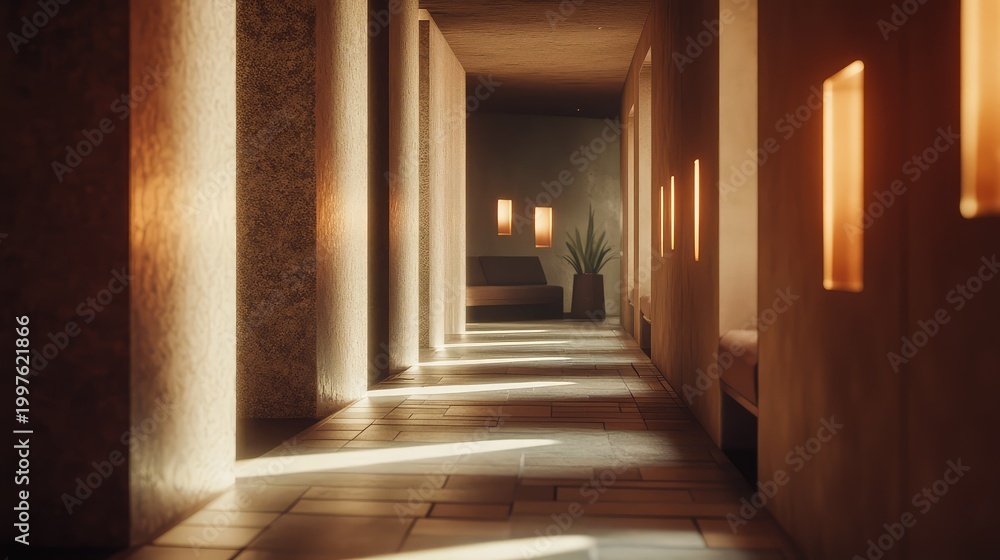 Naklejka premium Long corridor interior featuring pillars and stone flooring, illuminated by natural sunlight and warm artificial lighting, creating a relaxing and luxurious atmosphere in a contemporary building
