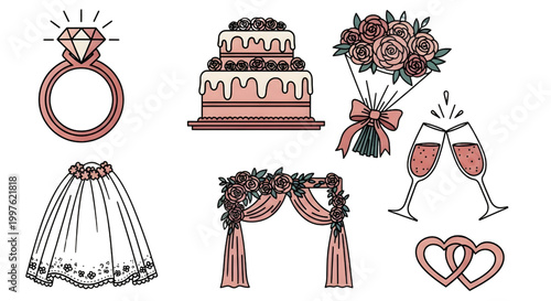 Wedding Vector Set, Romantic Celebration, Ring, Cake Bouquet, Flat Illustration