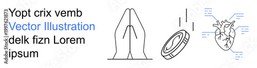 Charity, health care, donations, spirituality, gratitude altruism. Prayer hands heartbeat and falling coin. s of charity and health care. Line metaphor. Simple line icons