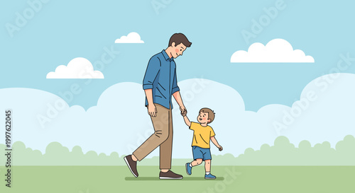 A father and his young son are walking hand-in-hand in a park on a sunny day with clouds in the sky.