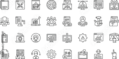 Business Management, Data Analytics, Team Collaboration, and Workflow Optimization Icons for Digital and Corporate Solutions