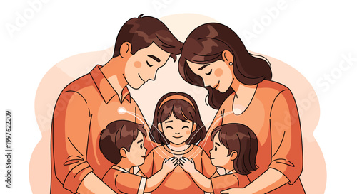 A loving family of four, parents embracing their two children with warmth and affection, creating a heartwarming scene of unity and togetherness.