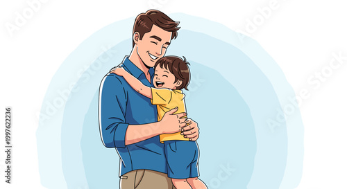 A loving father embraces his happy child, sharing a tender moment of joy and connection.