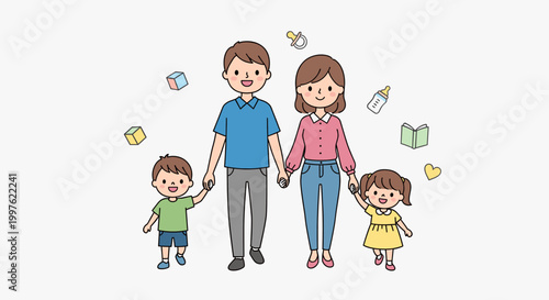 Happy cartoon family of four, parents and two children, walking hand-in-hand with baby items floating around them, illustrating family life and parenthood.