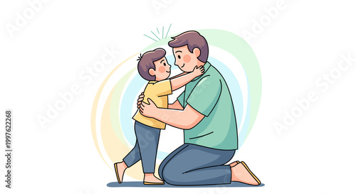 A loving father kneeling down to embrace his young son, showing affection and a strong family bond.