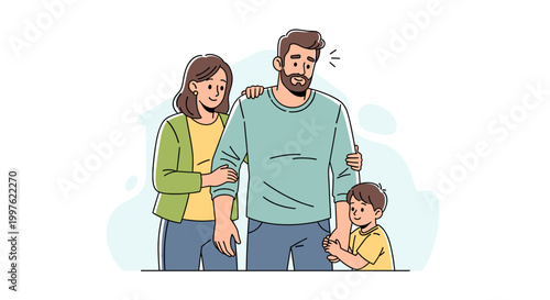 A distressed family of three, including a worried father, a sad mother, and a downcast young son, facing difficulties together.