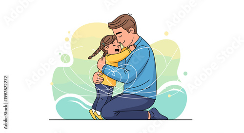 A heartwarming illustration of a father kneeling to embrace his young daughter, sharing a moment of comfort and affection.
