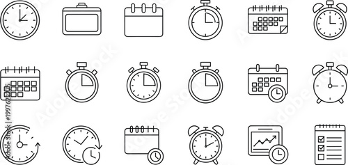 Clock, Stopwatch, Alarm, Battery, and Calendar Icons for Time Tracking, Scheduling, and Productivity Management