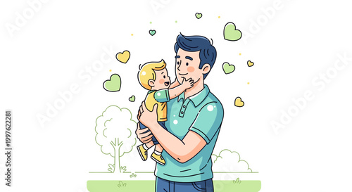 Cartoon illustration of a loving father holding his happy baby son outdoors with hearts floating around them, depicting family bond and affection.