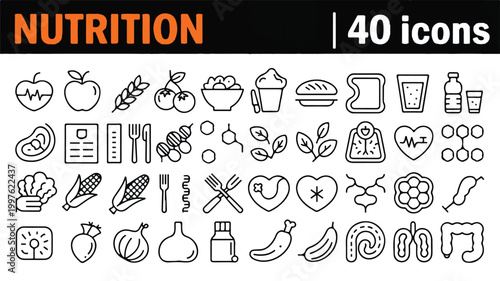 Nutrition icons set including food and diet symbols  healthy lifestyle concepts
