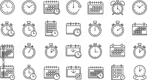 Time, Clock, Calendar, Stopwatch, and Schedule Icons for Time Management, Organization, and Planning