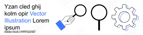 Data analysis, process optimization, search tools, technology integration, technical solutions, problem-solving. Hand holding magnifying glass, separate gear icon and lens outline concept. Data