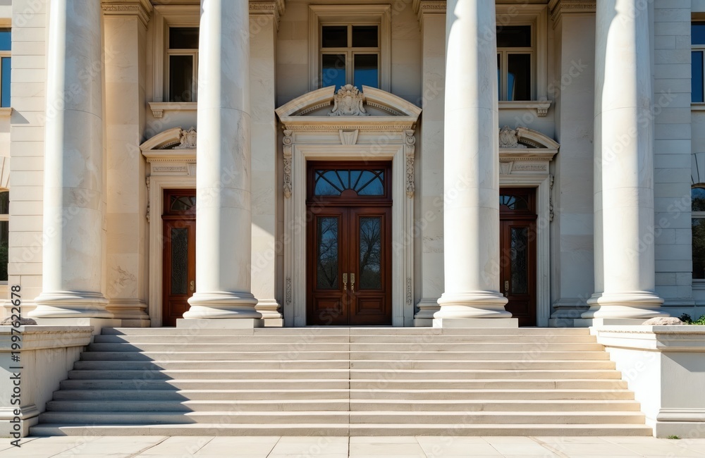 Obraz premium Grand neoclassical building entrance with large white columns, ornate wooden doors. Wide stone staircase leads up to entryway. Formal architecture suggests government legal institution. Daylight
