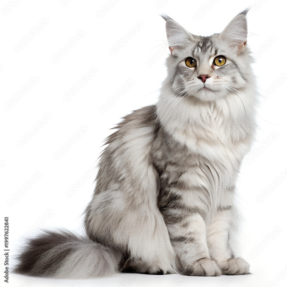Fototapeta premium Maine Coon cat, gray and white, fluffy, sitting, pet portrait isolated on White Background