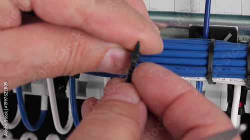 Installation of a plastic nylon tie on electrical insulated mounting wires. Close-up.
