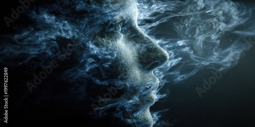 Ethereal Ghostly Face Emerging from Swirling Mist and Smoke Illustration