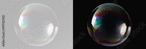 Foto Realistic transparent soap bubble on grey and black background, iridescent spher