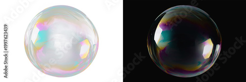 Εκτύπωση καμβά Realistic transparent soap bubble on white and black background, iridescent sphe