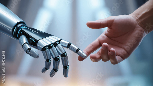 Robotic and human hand touching fingers in a futuristic scene with blurred background