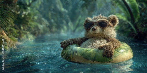 Furry Creature with Sunglasses Relaxing on Inner Tube in Tropical River