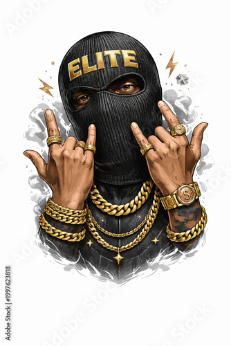 Urban Drill Character Wearing Black Balaclava and Gold Chains Vector