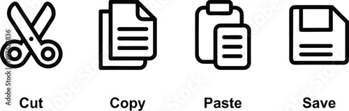 Set of Simple Flat Copy Paste Icon Illustration Design, Copy Paste Symbol Collection with Outlined Style Template Vector. Copy, Cut, Paste, Save, Icons Office Action Icon Set. Linear outline icons.   
