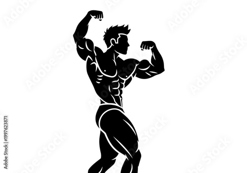 A really stylish deep black silhouette of a very strong muscular man flexing his arms and body bodybuilding