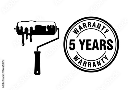 A perfect black paint roller with dripping white paint and a 5 years warranty stamp silhouette 