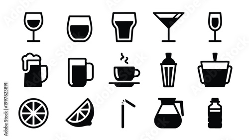 set of black and white icons representing various types of drinks and glasses on white background