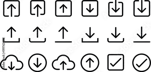 Download and upload icon buttons set. Download and upload icon. Files download and upload icons symbol in line and flat style on white background. Vector illustration. download upload button icon set.