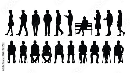 set of people silhouettes in various poses on white background