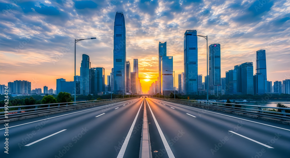 Fototapeta premium sunset over modern city skyline with highway
