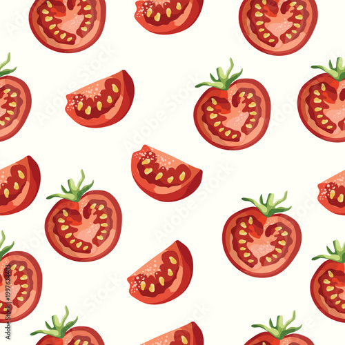 Seamless pattern with sliced tomatoes in bright fresh style