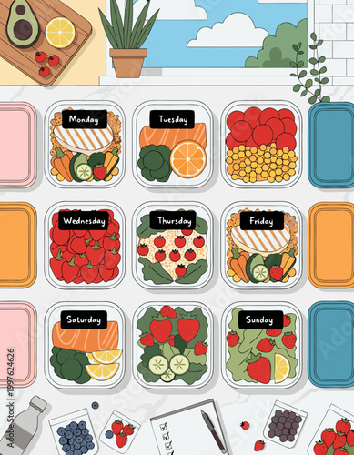 Weekly meal prep vector healthy food portions fresh vegetables protein containers