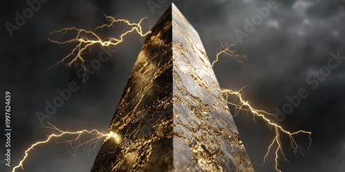 Golden Lightning Bolt Strikes a Cracked Obelisk Amidst Stormy Nature Scene