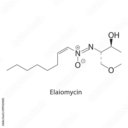 Elaiomycin skeletal structure. antibiotic compound schematic illustration. Simple diagram, chemical formula.