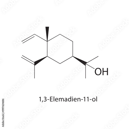 1,3-Elemadien-11-ol skeletal structure. sesquiterpene compound schematic illustration. Simple diagram, chemical formula.