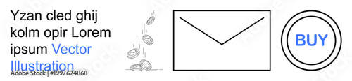 E-commerce, online payments, digital marketing, communication tools, internet services, electronic transactions. Coin pile, envelope symbol and buy button in minimalist design. E-commerce and online