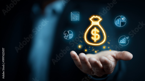 Hand interacting with digital technology interface featuring gear and globe icon, cloud data and connectivity symbols on futuristic blue background