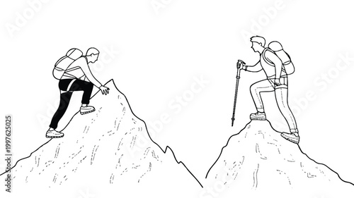 two hikers climbing mountain peaks with backpacks and trekking poles