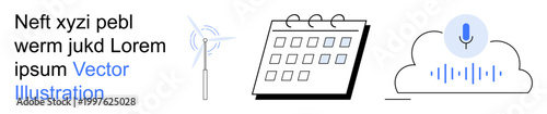Technology, sustainability, planning, renewable energy, cloud computing, voice recognition. Wind turbine, calendar and microphone inside a cloud with sound waves. Sustainability and technology