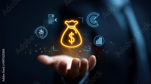 Hand interacting with digital technology interface featuring gear and globe icon, cloud data and connectivity symbols on futuristic blue background