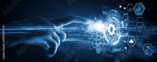Hand interacting with digital technology interface featuring gear and globe icon, cloud data and connectivity symbols on futuristic blue background