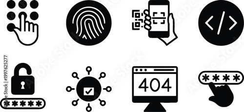 Secret code access thin line icon set. Containing fingerprint, scan barcode or QR scanner, pattern, coding, cyber security pin technology, password, face lock or ID, padlock, error, and hacker vector.