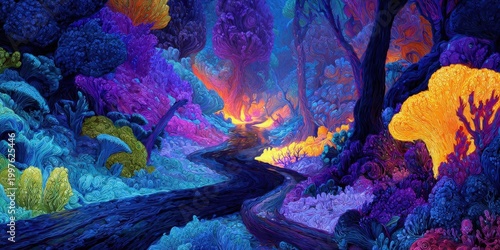 Vibrant Fluorescent Psychedelic Landscape with Winding Path Illustration