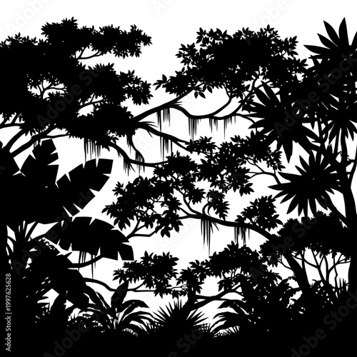 Silhouette of lush tropical forest with dense foliage and intricate branches.