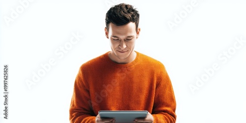 3D Illustration of a Cute Young Man Using a Tablet on White Background