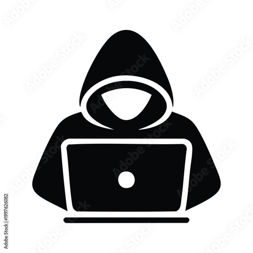 Hacker, cybercrime, anonymous hooded figure, laptop icon, black silhouette