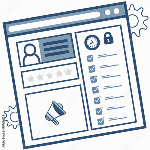 Blue web page icon with user profile, lock, and megaphone